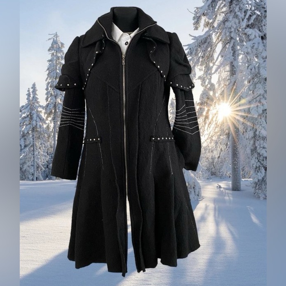 Vintage Black wool Trench Coat with Stud Accents